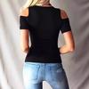 Camiseta sexy de mujer con hombros descubiertos, cuerda con cuello en V, color sólido y manga corta