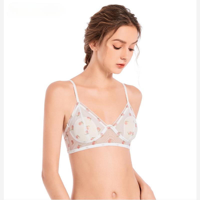 Mesh Trendy Floral Ear-free Underwear Thin Section Steel Ring-free Spaghetti Straps Double-breasted Bra Triangle Cup
