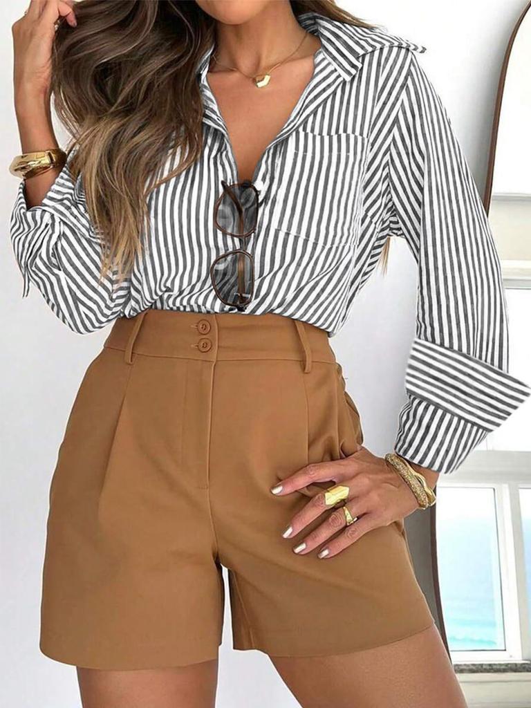 Women's Long Sleeve Striped Button-Down Shirt with Pockets