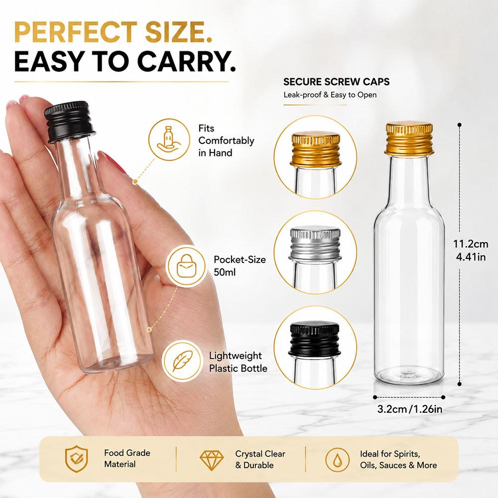 10PCS Mini Liquor Bottles 50ml Plastic Spirit Bottles Silver/ Gold/ Black Caps Alcohol Shot Bottles