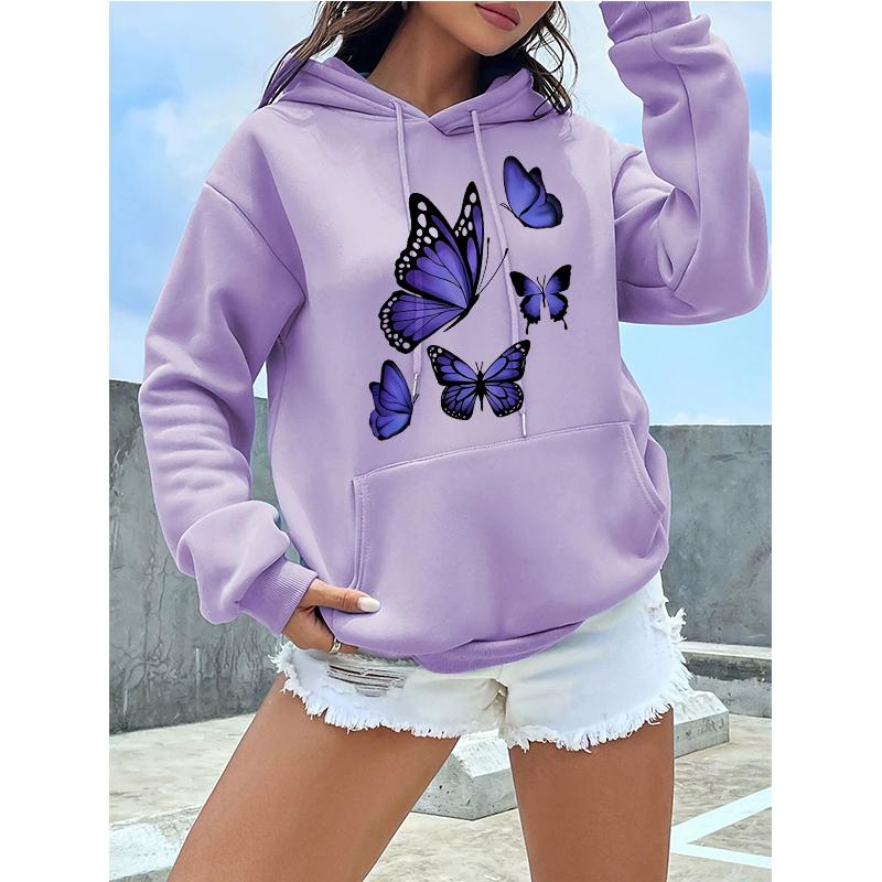 Graphic Dark Purple Butterfly Pattern Printed Hoodies Women's Vintage Y2k Sweatshirts Casual Hooded Clothes Kawaii Pullovers