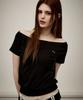 KITTY POTTERY Sheer Off-Shoulder Short Sleeve T-Shirt [Black]