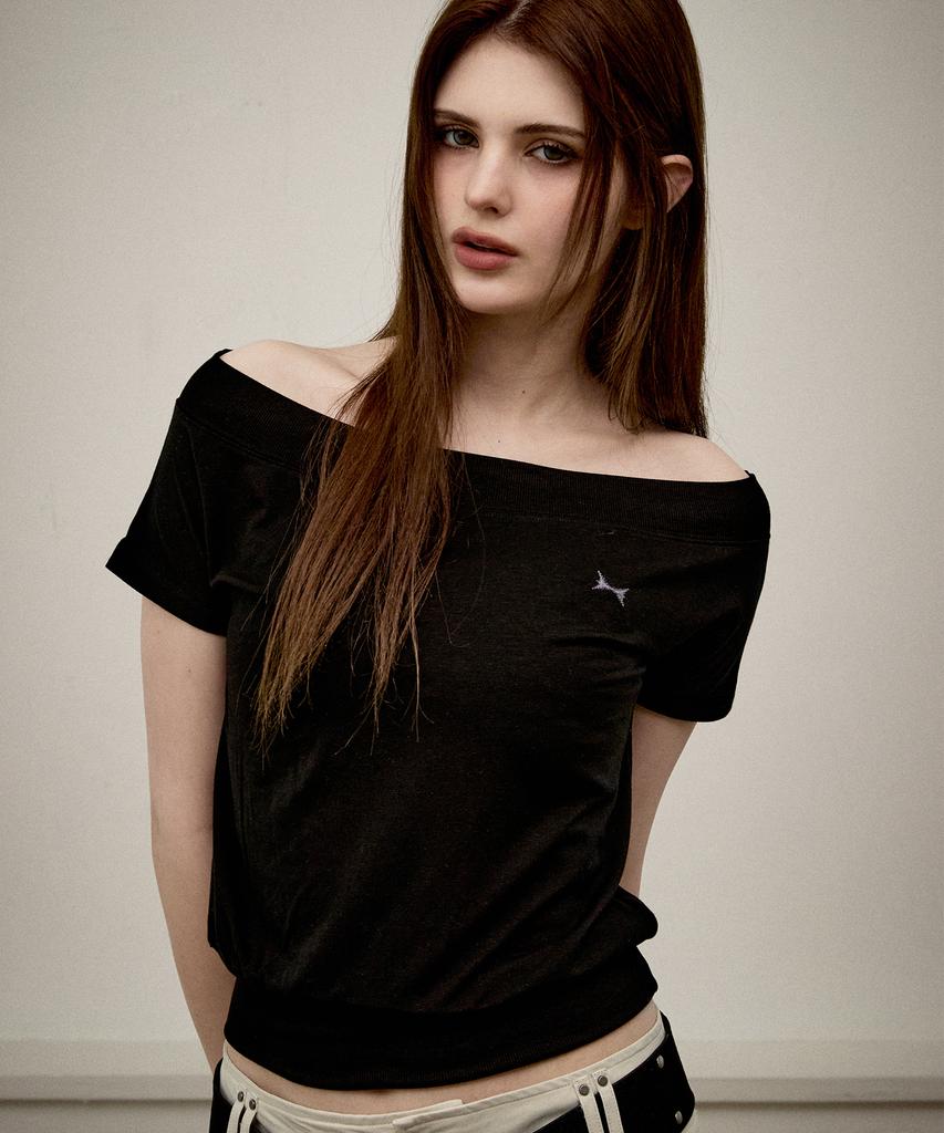 KITTY POTTERY Sheer Off-Shoulder Short Sleeve T-Shirt [Black]