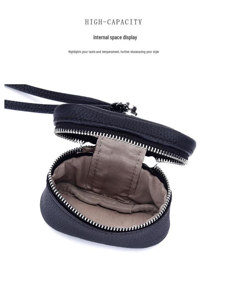 Top Grain Cowhide Bag Charm: Compact Coin Purse & Earphone Holder with Lanyard
