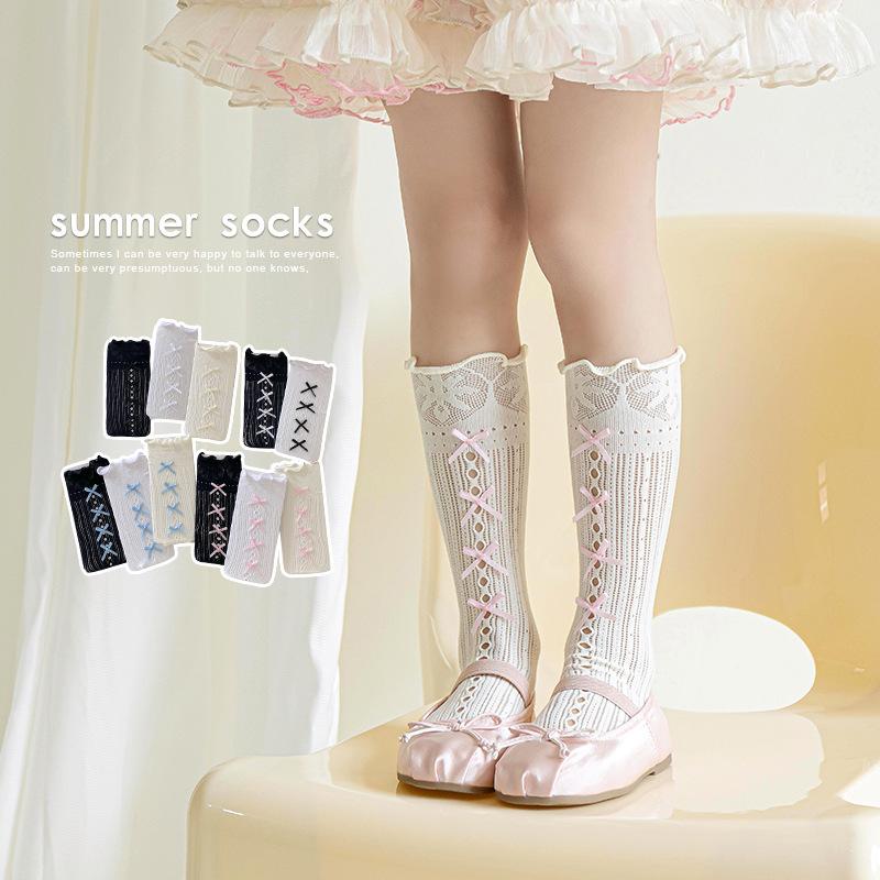 Children's Socks Summer Lolita Wooden Ear Mesh Ribbon Large Bow Mid-tube Socks for Girls