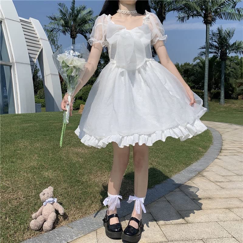 Lady Lazy Lolita Gothic Lolita Short Sleeve Chiffon Dress with Above the Cosplay Ribbon, Knee, (Size L, White)