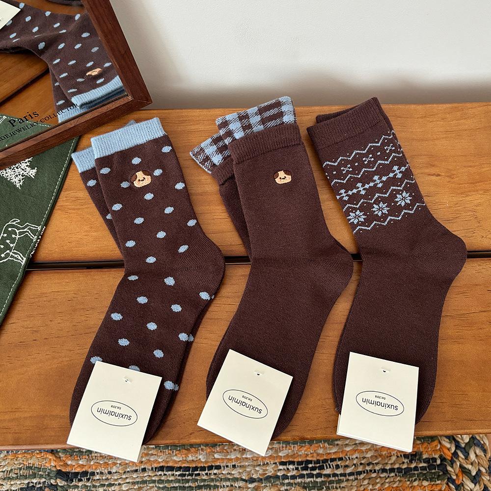 Women's Spring, Autumn and Winter Blue Coffee Mid-calf Socks Embroidered Puppy Warm Fleece Pile Socks