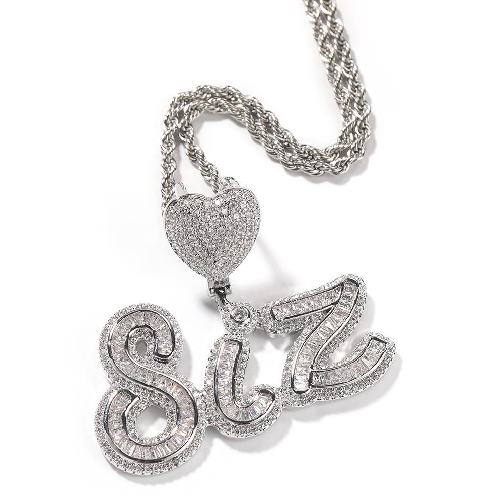 THE BLING KING Custom Baguettecz Script Name Pendant With Heart Clasp Necklace Iced Out Cubic Zirconia Necklace Hiphop Jewelry