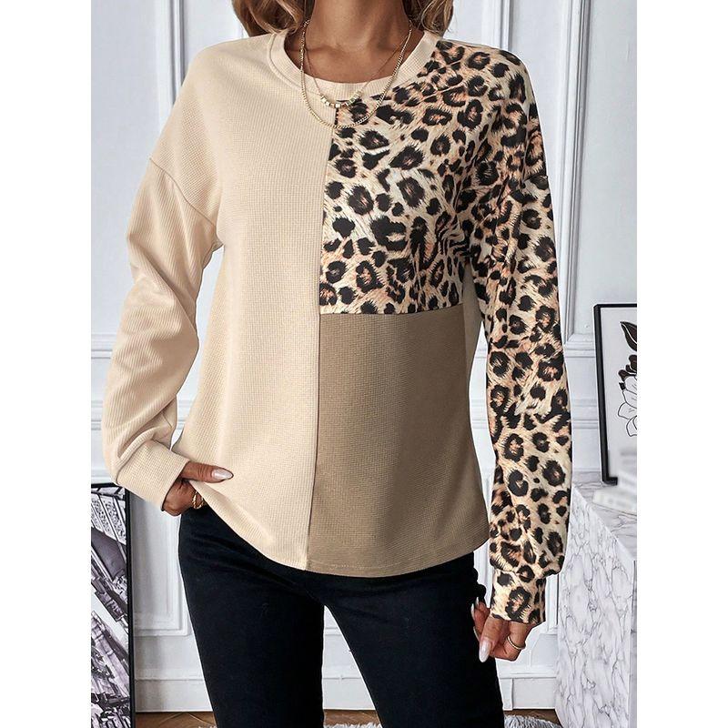 Fashion Color Contrast Patchwork Leopard Print Long Sleeve T-shirt Women 2024 Fall and Winter New Arrival Loose Round Neck Pullover Tops Women