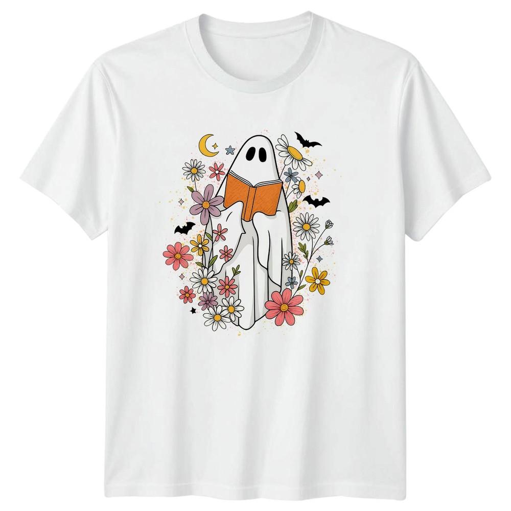 Floral Reading Ghost Unisexs TShirt Reading Halloween Halloween Gift For Her S
