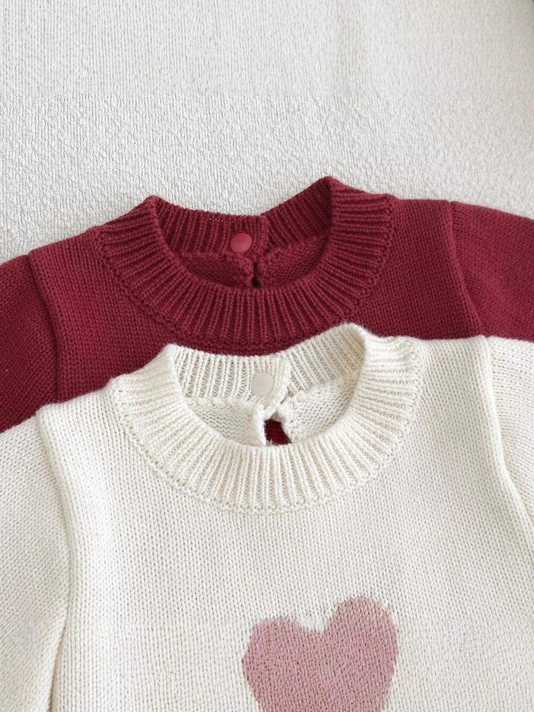 Baby Girl Cotton Heart Jacquard Knit Dress with Ruffle Sleeves & Round Neck