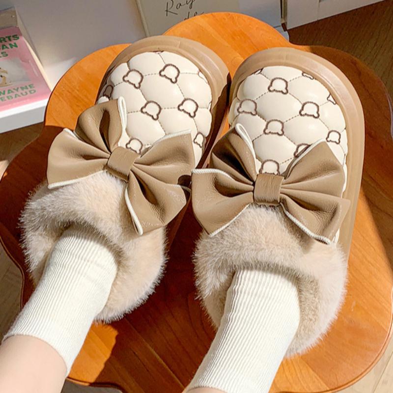 Butterfly knot cotton slippers with plush insulation for autumn and winter, thick soled anti slip cotton shoes