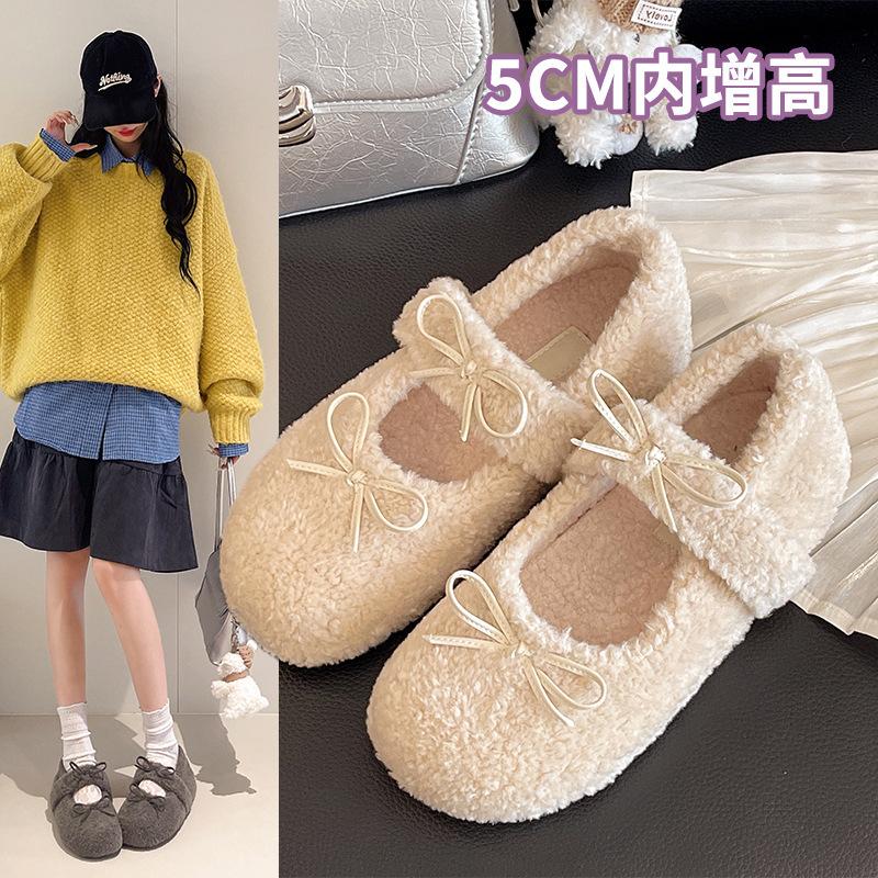 Fashion Women Fur Internal Increase 5CM Flat Shoes Winter Warm Plush Mary Jane Shoes Elegant Woman Soft Soled Bowknot Shoes