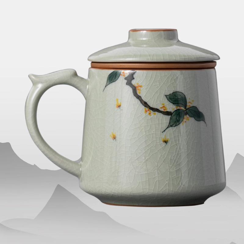Chinese Style Ceramic Osmanthus Patternt Mug, Home Personal Office Creative Teacup With Cover Filtered Tea Water Separation, 1Pc