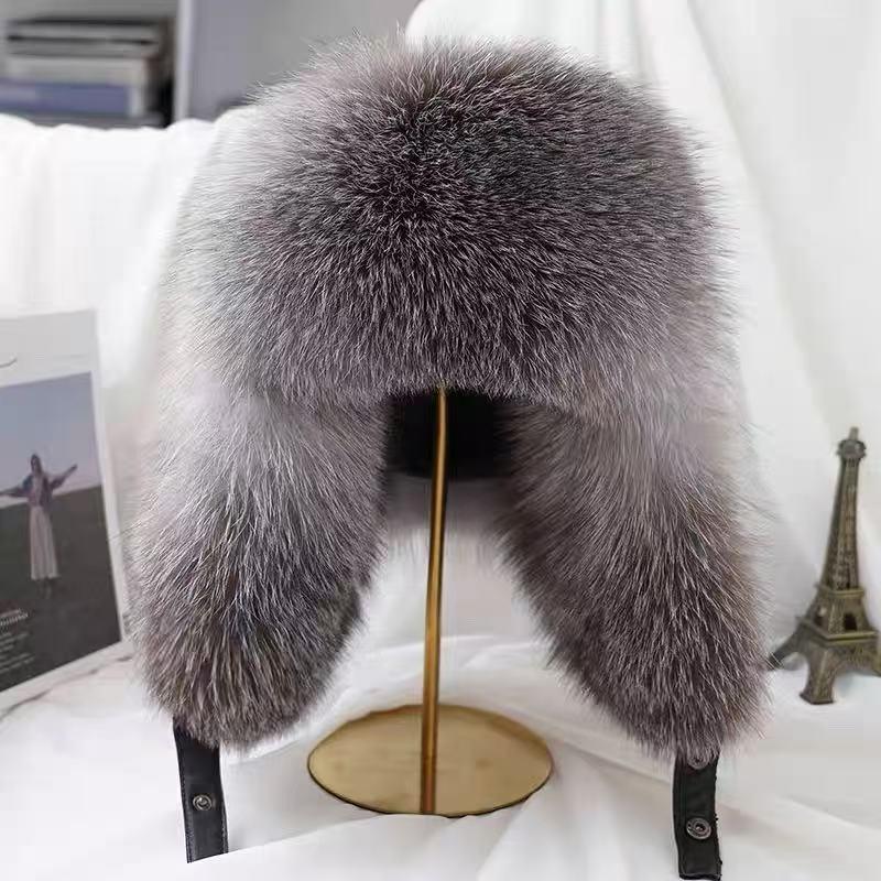 Unisex Real Fox and Raccoon Fur Lei Feng Winter Hat