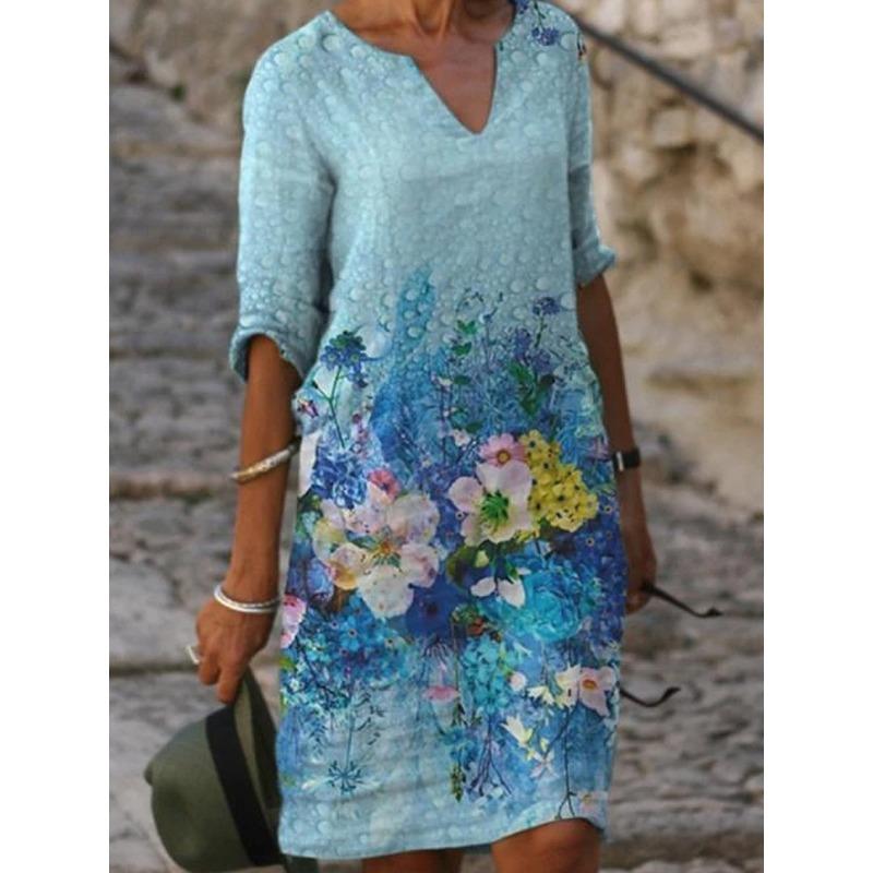 QICED Abiti Estivi Stampati Larghi in Fibra di Bambù Lino Floreale Manica Corta Donna Vintage Letterario Scollo O Manica a Cinque Punti