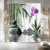 Zen Shower Curtain Green Bamboo Purple Orchid Flower Stone Asian Japanese Garden Relax Spring Nature Theme Bath Curtain Fabric
