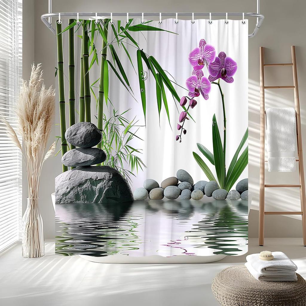 Zen Shower Curtain Green Bamboo Purple Orchid Flower Stone Asian Japanese Garden Relax Spring Nature Theme Bath Curtain Fabric