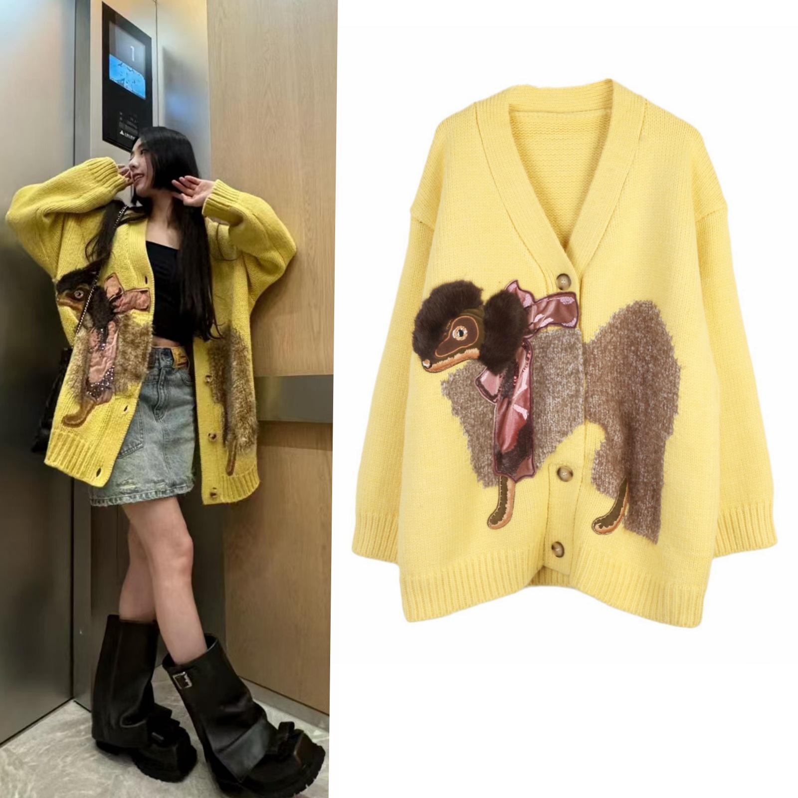 

Women s Yellow Bow Dog Jacquard V-Neck Knitted Cardigan Sweater. S