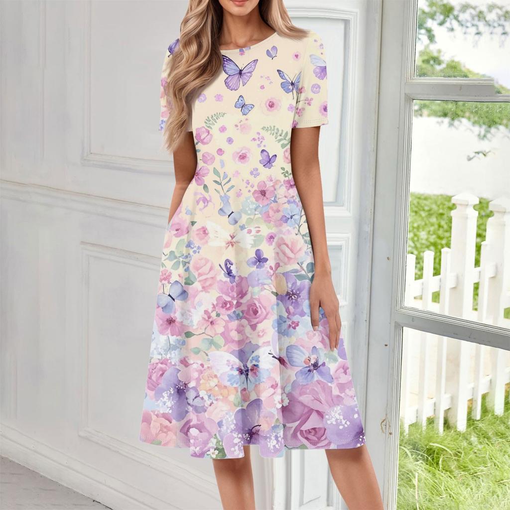 Women's Casual Fashion Round Neck Short Sleeve Floral Print Midi Dress