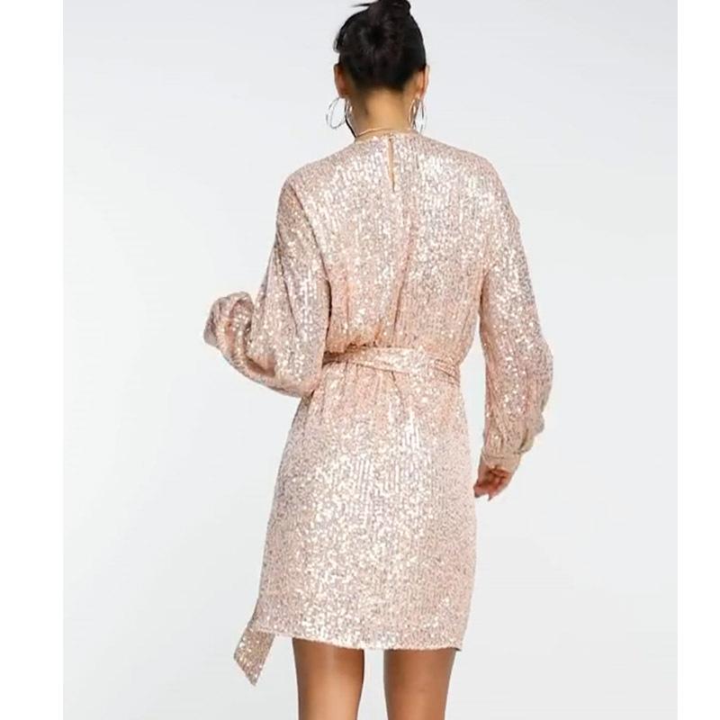 Women Dress Shiny Sequin Round Neck Long Sleeve Lace-up Tight Waist Sparkling Soft Commute Club Party Above Knee Length Mini Dress