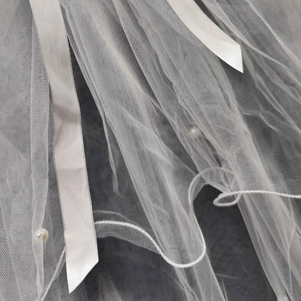 Pearl Bow Ribbon Wedding Veils Four-layer Bride Head Gauze Elegant Bridal Veil  Bride Accessories