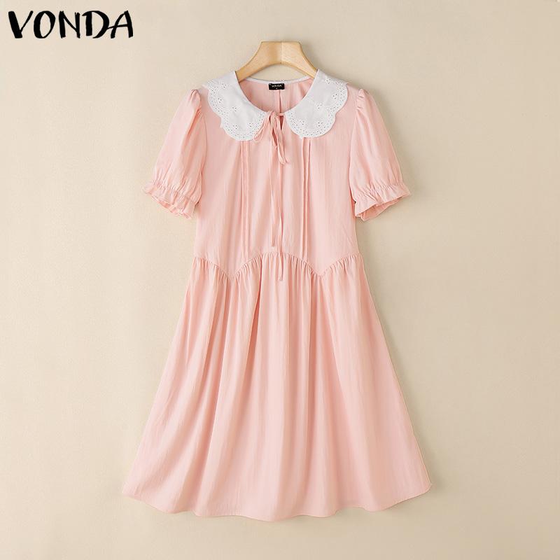 

VONDA Vintage Women Lace Lapel Neck Short Sleeve Casual Pleated Dress S розовый