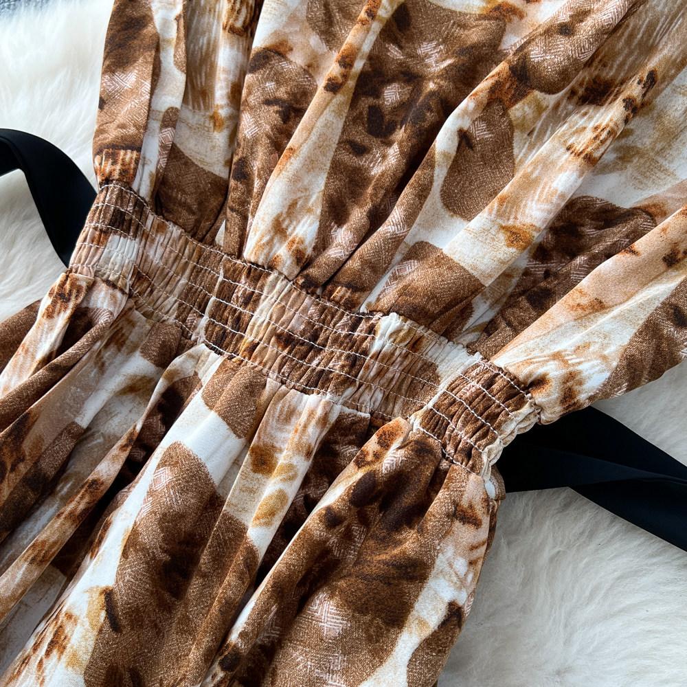 Commute Sleeveless Printed Dress Women Spring New High Waist Slim A Line Long Dress Luxury Design Sense