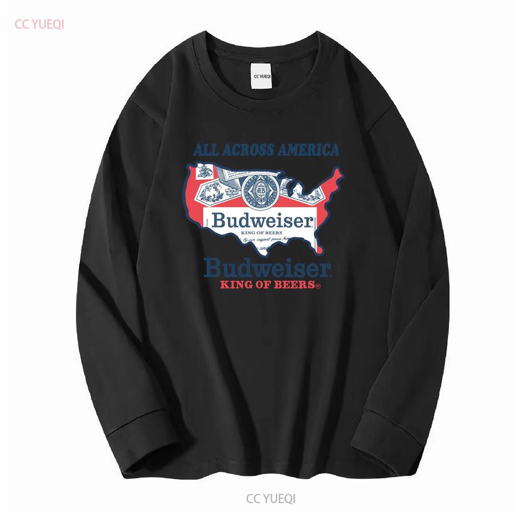 Maglietta Bianca Vintage con Logo Bandiera Budweiser Kv10809 Maniche Lunghe Top Morbido Lavato Vintage per Uso Quotidiano Grafica alla Moda