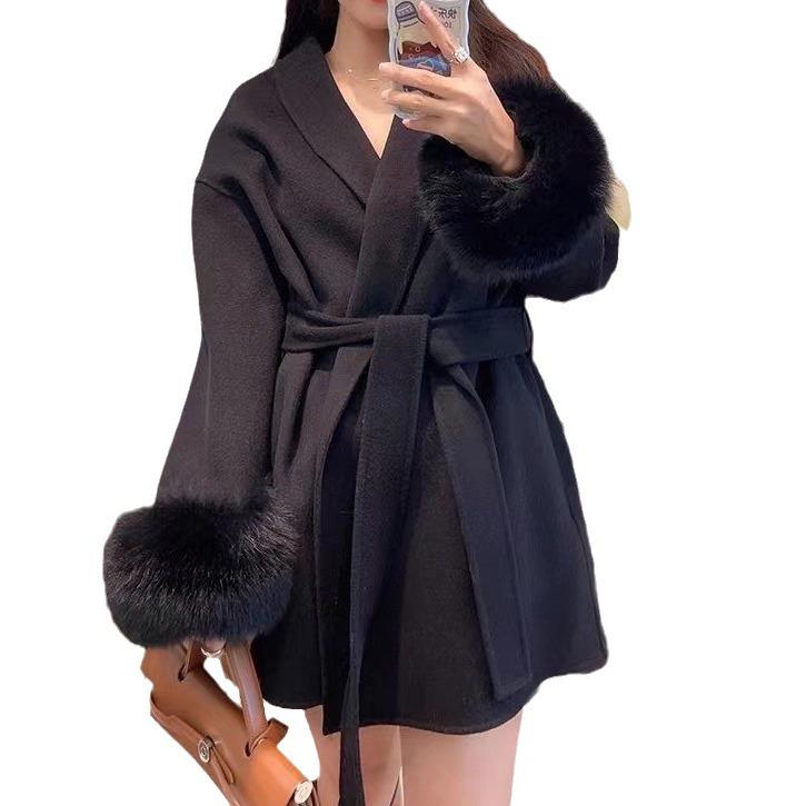 Fox Fur Cuff Woolen Coat - Women's Winter Slimming Style
