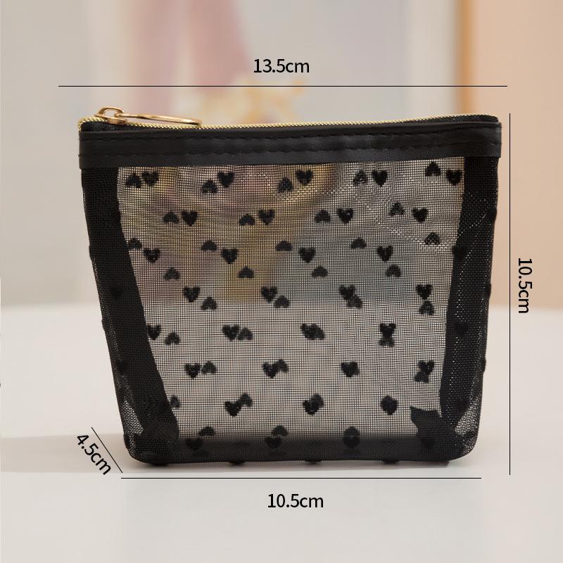 Flocked Heart Pattern Handheld Zipper Portable Mesh Makeup Bag Cosmetic Organizer Travel Essential Large Capacity