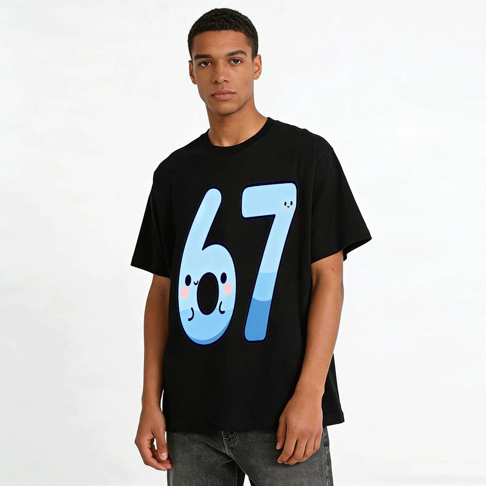 Cute Cartoon Number 67 Print Casual Loose Unisex T-Shirt Pure Cotton T-shirt