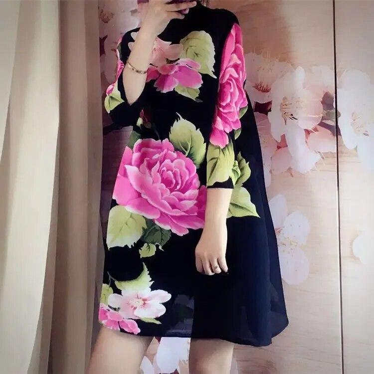 Slim Ethnic Dress Female New Fashion Retro Peony Print Mother Autumn Dress Pleated Loose Casual O Neck Dress Female Tops
