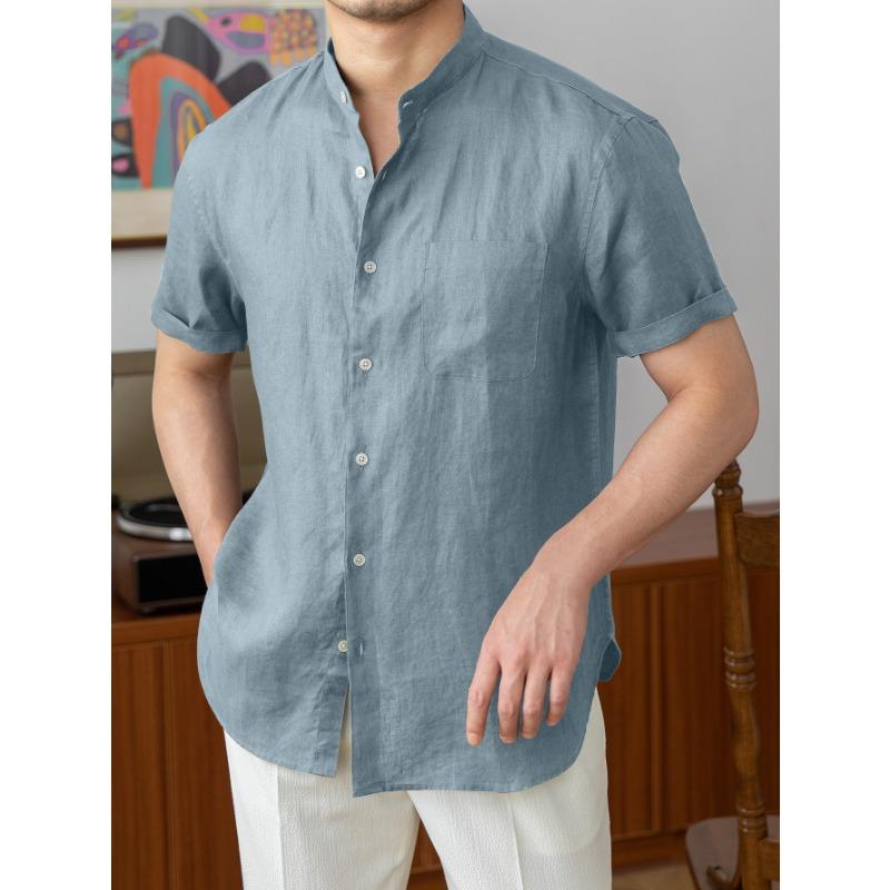 

Мужская рубашка с коротким рукавом, летняя дышащая льняная рубашка с воротником-стойкой, легкая повседневная простая легкая рубашка для взрослых мужчин XXXL светло-синий
