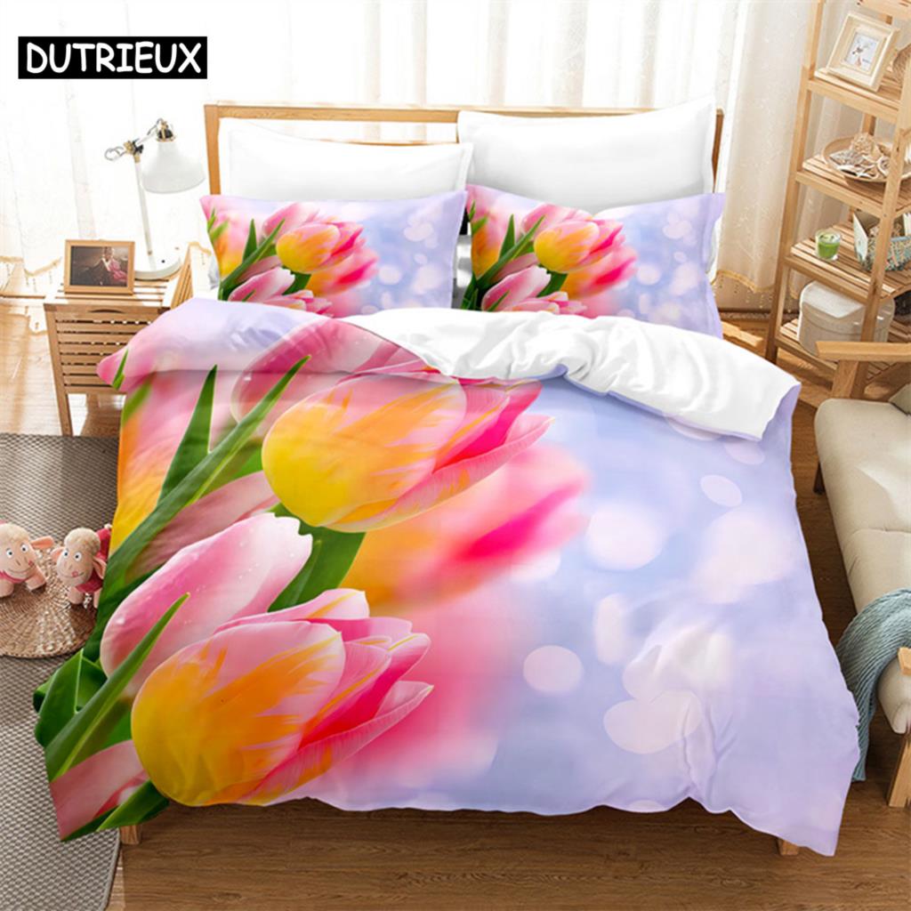 Butterfly Tulip Queen Bedding Set Duvet Cover Kids Bedroom Bed Set Comforter Cover Set King Size Duvet Cover Set Bedding Sets