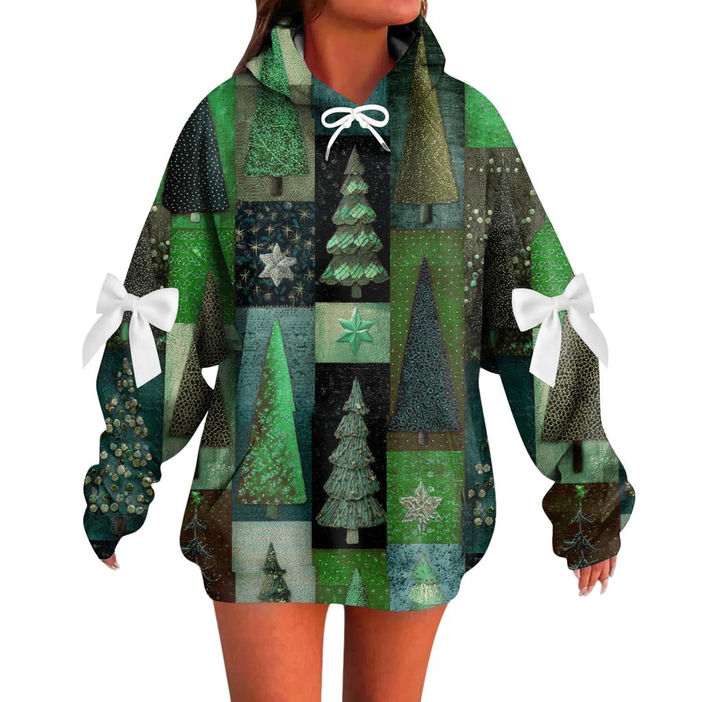 Ladies' Christmas Printed Bow Long Sleeved Loose Fitting Headband With Rope Hooded Sweatshirt Top