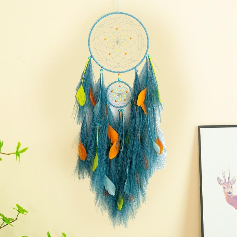 Handcrafts Feathered Dreamcatchers Ornament with Pampas Grass and Colorful Beads Hanging Decors for Home Wall Decoration