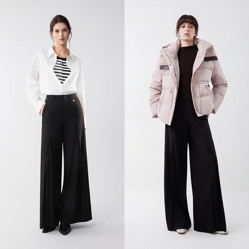 ELLE Women's Black Wool Blend Wide-Leg Casual Pants