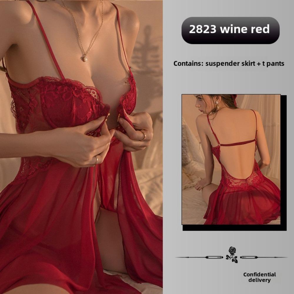 Sexy Large Size Erotic Underwear Front Split Lace Temptation Pajamas Mesh Perspective Suspender Nightdress