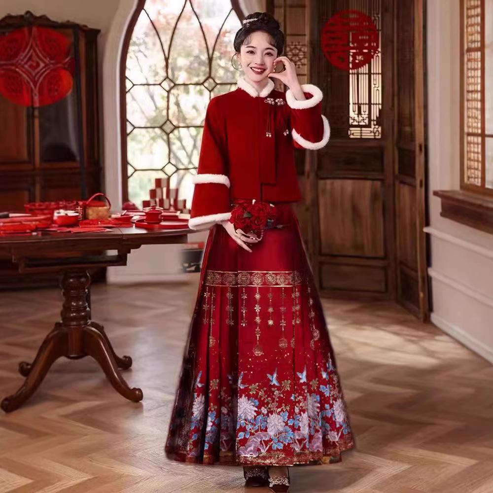 JLX7383 Ma Mian Qun Bride Dress: New Chinese Style for Engagements & Banquets - 2025 Autumn/Winter Collection