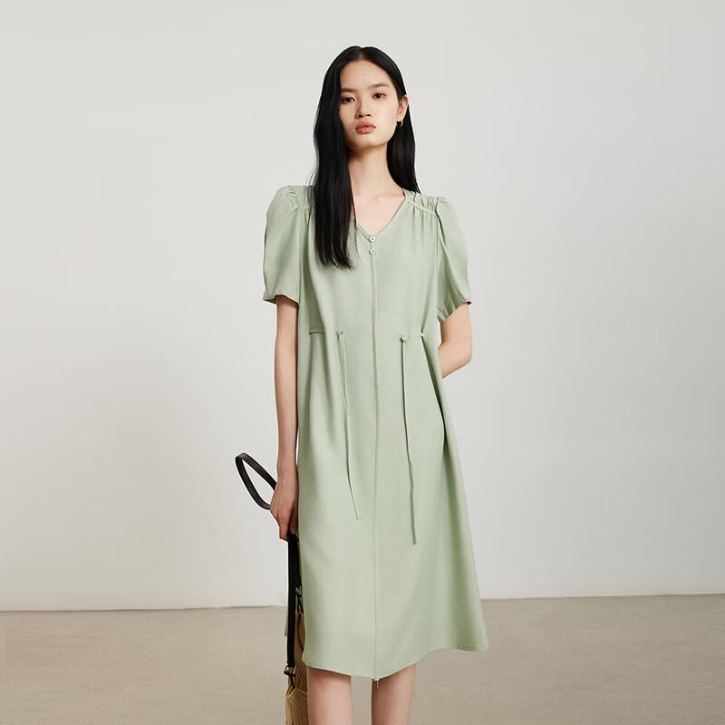 Gejin Cinched Waist Puff Sleeve Midi Dress L
