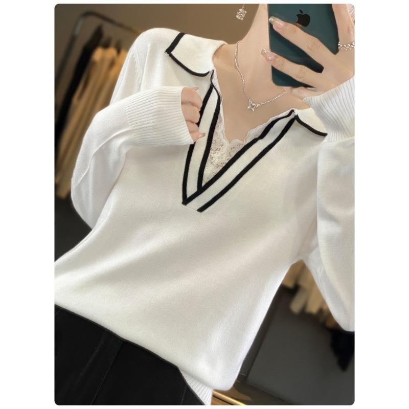 Lapel Knit Sweater Women's Spring and Autumn Loose Casual Color Collision Fashion Polo Sweater