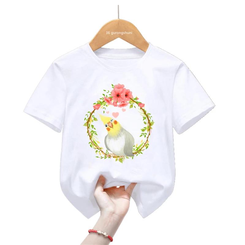 Sommar Tecknad Cockatiel Fågel Tryck T-shirt För Flickor/Pojkar Rolig Papegojfågel Barnkläder Kortärmad T-shirt