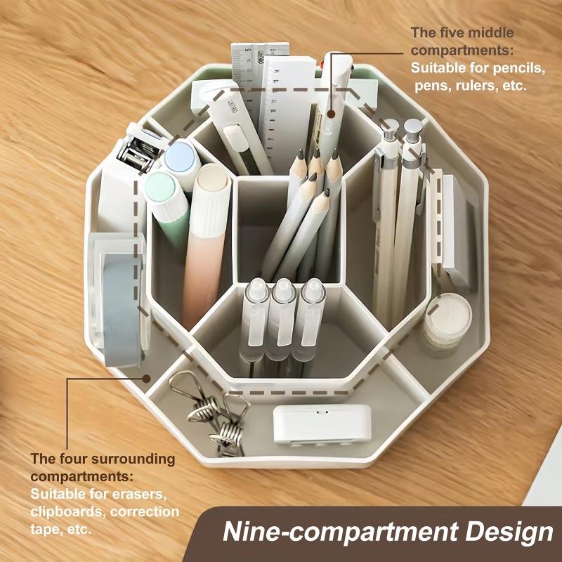 Rotating Pen Holder Multi-Compartment Storage Caddy Large-Capacity Desktop Stationery & Cosmetic Storage Box for Dorms Office