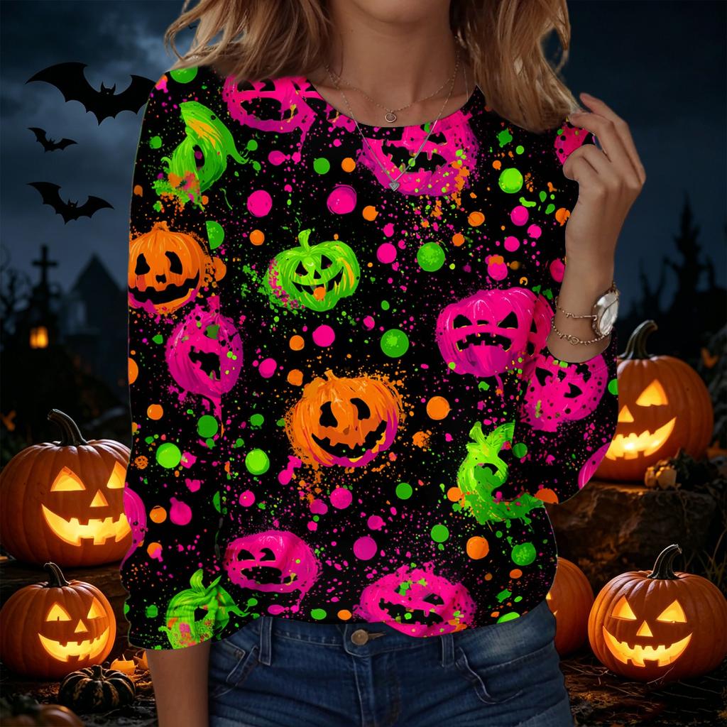 Women's Halloween Printed Pullover Sweatshirt Long Sleeve Crew Neck Casual Top for Fall and Winter Seasonal Wear