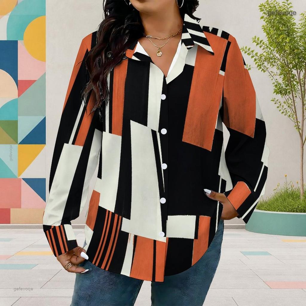 Women Plus Size Collared Long Sleeve Abstract Geometric Printed Button Front Curved Hem Shirt