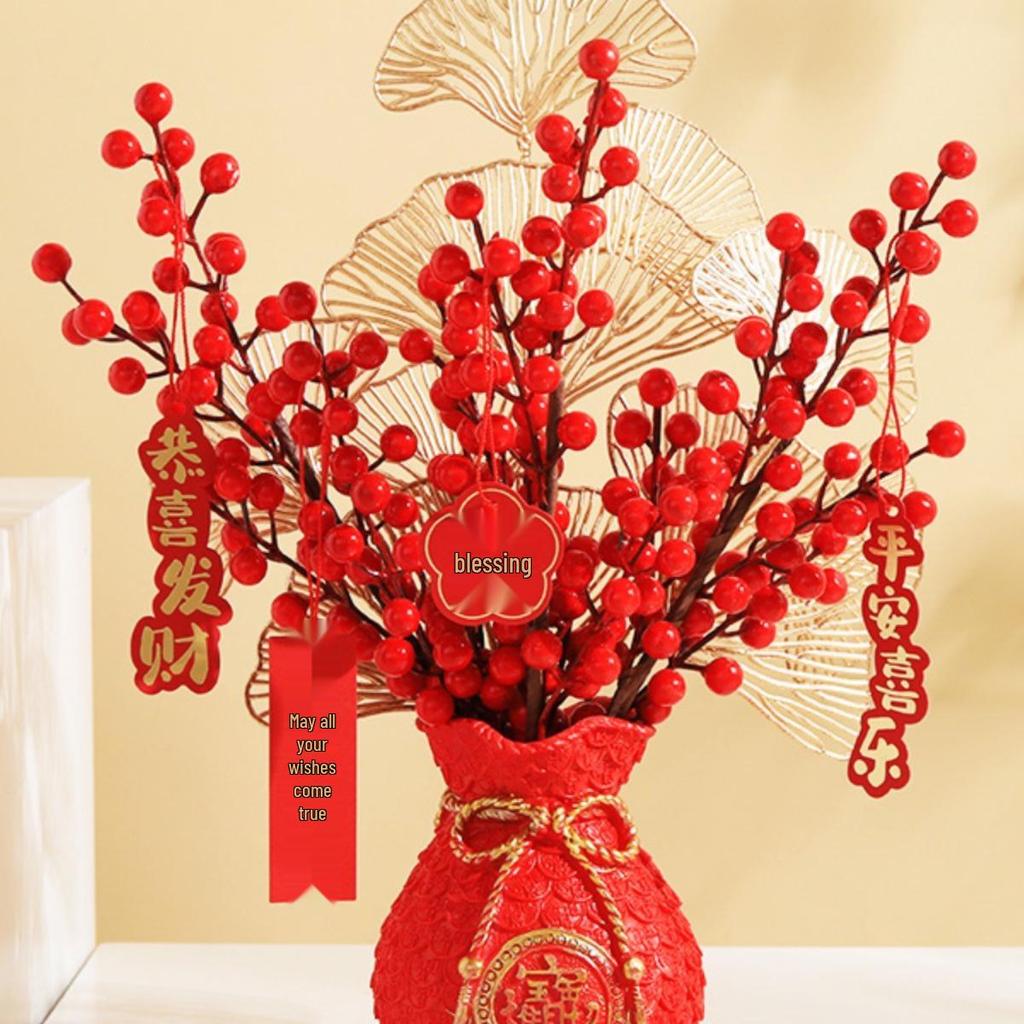 Fortune Red Fruit Floral Arrangement - Artificial Flowers for Living Room, New Year, Wedding, or Housewarming Decoration