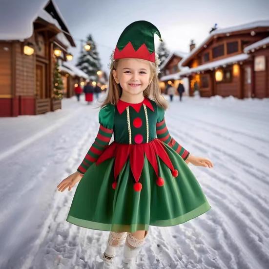 Weihnachtself Kostümset Jungen Mädchen Festliches Elfenoutfit Kinder Klassisch Rot Grün Elfenmütze Strümpfe Set Verkleidungskleidung für Partys Cosplay Aufführung