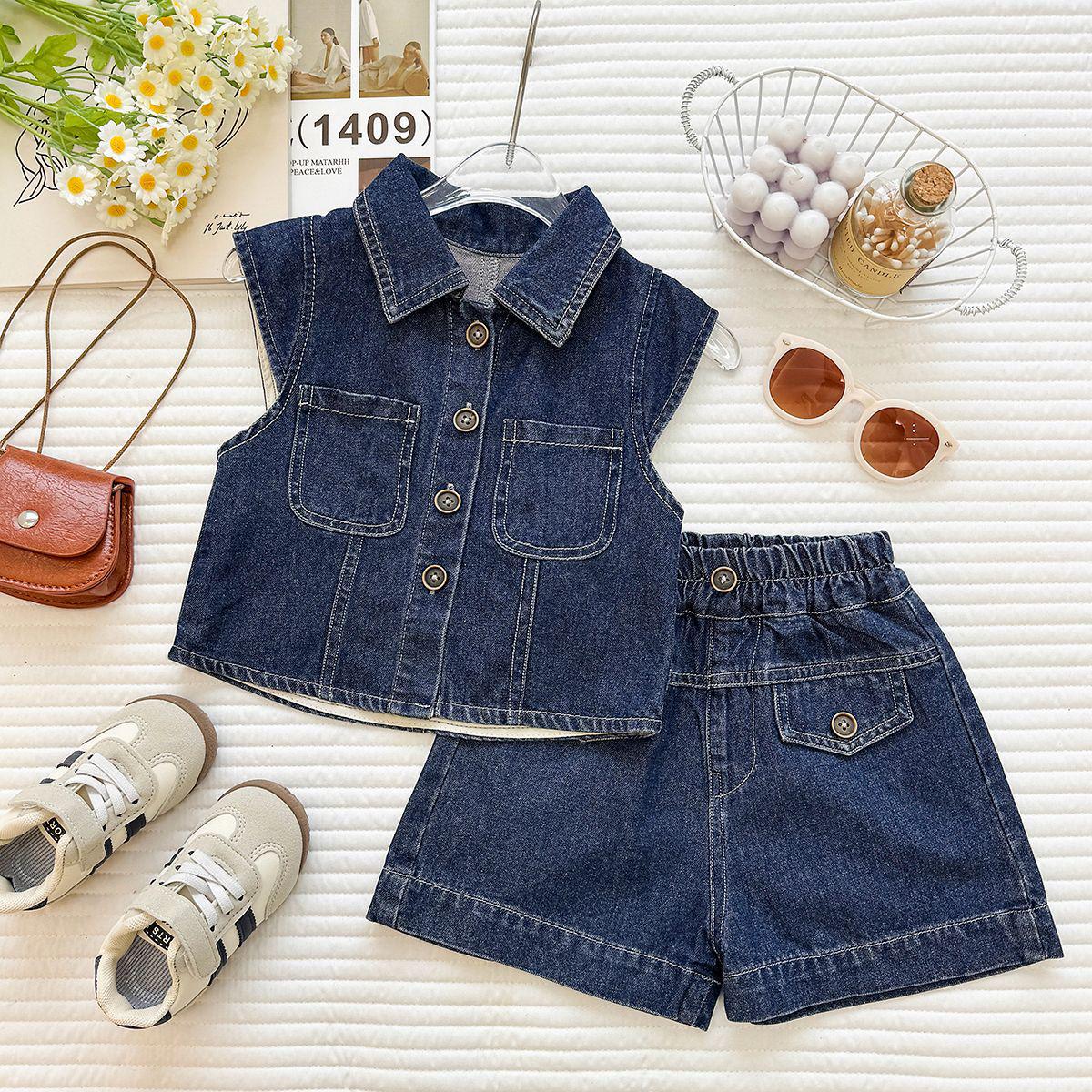 Girls Trendy Korean Style Denim Vest & Shorts Set - Summer 2026 Fashion 110cm