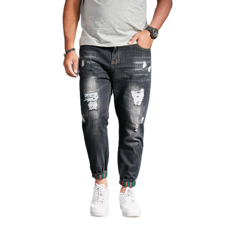 Pantalones vaqueros de moda para hombre, ajustados, con agujeros rotos, tendencia de nueve grandes, pantalones ajustados Harlan con cordón, talla grande